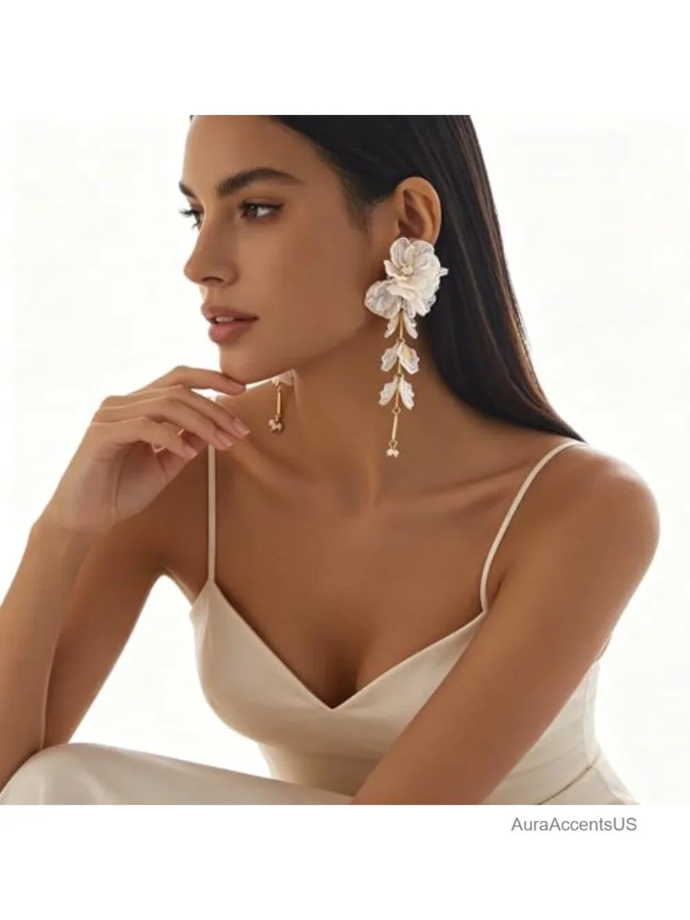 Fabric Flower Drop Earrings Long Tassel Boho Statement Jewelry